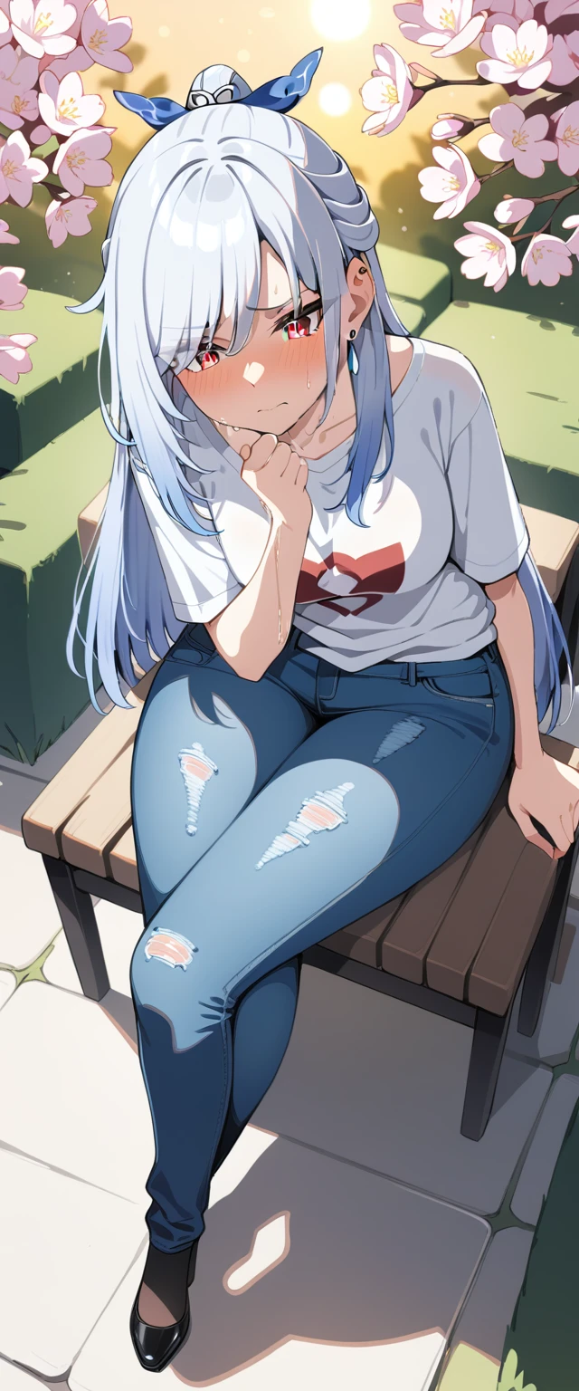 (masterpiece:1.37), best quality, (extremely detailed:1.37), (1girl:1.5), woman, (mature:1.5), (adult:1.5), jingliu, white hair, long hair, ponytail, hair ribbon, red eyes, earrings, jewelry, (jeans:1.25), (extremely detailed eyes:1.37), (wetting self:2.0), desperation, (standing:1.5), embarrassed, humiliation, blushing, angry, cherry blossoms, garden, (golden hour:1.5), full body, (crossing legs:1.5), from above