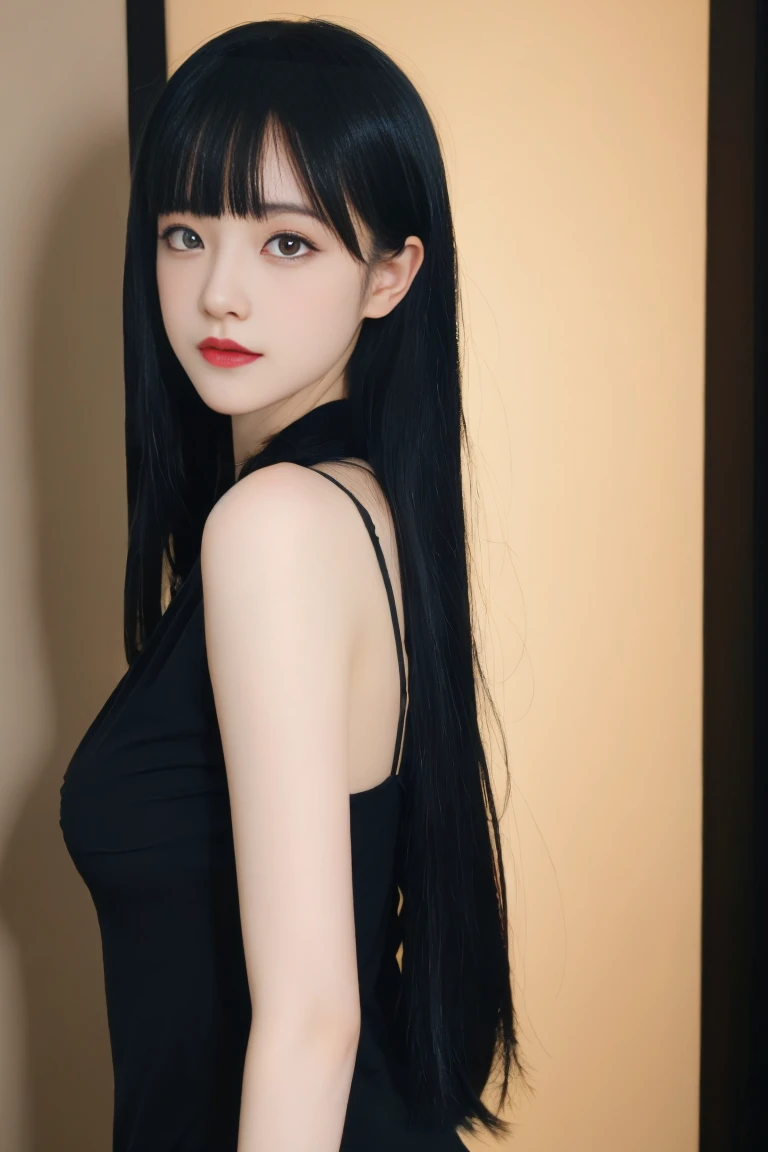 ulzzang-6500-v1.1,(raw photo:1.2),((photorealistic:1.30)), ((best quality)) ,((masterpiece)),((Ultra High Resolution)), ((Clear View)),,Ultra-high resolution,Clear face,（Reality：1.4) ,  illustration, an extremely delicate and beautiful, extremely detailed ,CG ,unity ,8k wallpaper, Amazing, finely detail, masterpiece,best quality,official art,extremely detailed CG unity 8k wallpaper,absurdres, incredibly absurdres, huge filesize, ultra-detailed, highres, extremely detailed,beautiful detailed girl, extremely detailed eyes and face, beautiful detailed eyes,light on face,cinematic lighting,1girl, 独奏, long hair, black hair, bangs, jewelry, Earring, (upper body),(looking at viewer:1.7),indoors, Dress, (black dress), standing,