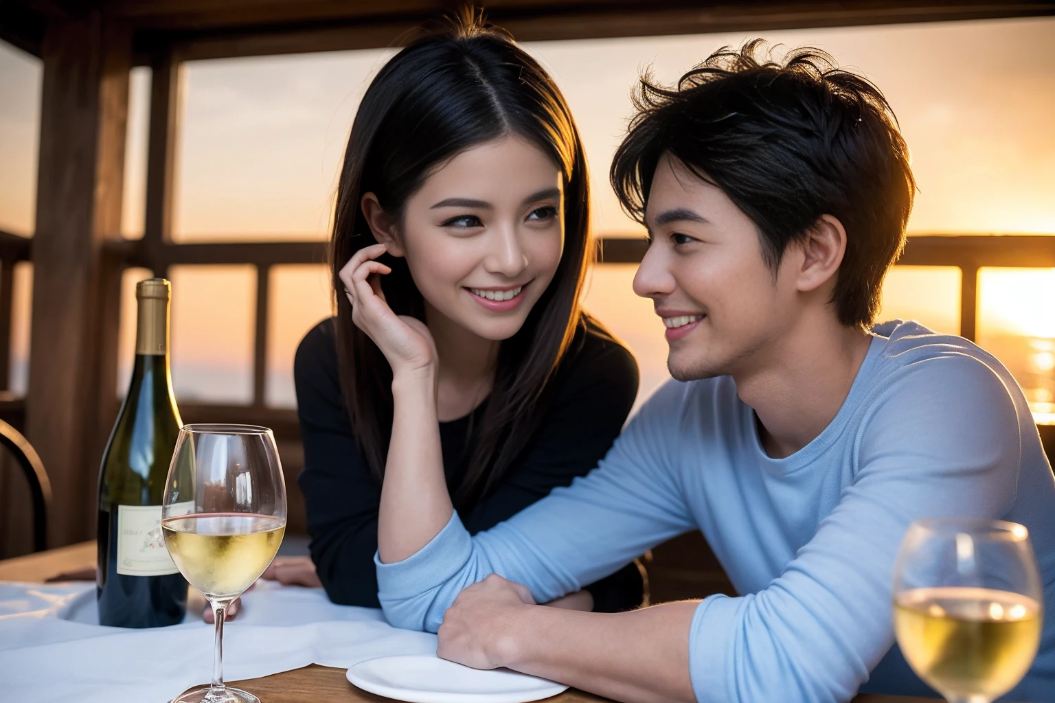 ((Highest quality、、masterpiece:1.3))、1 male、1 female,36 years old 39 years old、Slim Beauty、Beautiful couple、Upper Body、smile、 (Slim face), (the body is スリム), (Brown Hair), (Shortcuts), テーブルのフルコースディナーとwine glass、Amazing view of the sunset sky and clouds、smileの美しさ、Wine bottle、sparkling wine、Long sleeve shirt、dress、White wine, red wine, wine glass, Beautiful fine grain, Depth f/2,saturation, High Contrast, Strong light and shadow,Moist Body:1.5、 texture、The hair is very shiny、