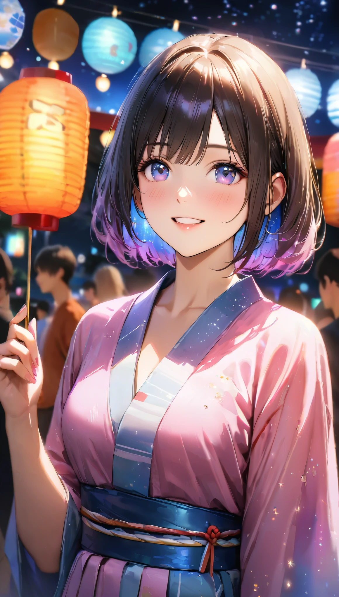 Young woman enjoying the summer festival,night, Starry Sky,yukata,Gazing at the sky,high school girl,smile,Glitter effect,Highest quality, 8k, High resolution, masterpiece:1.2, Very detailed, Realistic:1.37, High resolution, 超High resolution, Ultra-fine painting, Very detailed, Professional, Vibrant colors