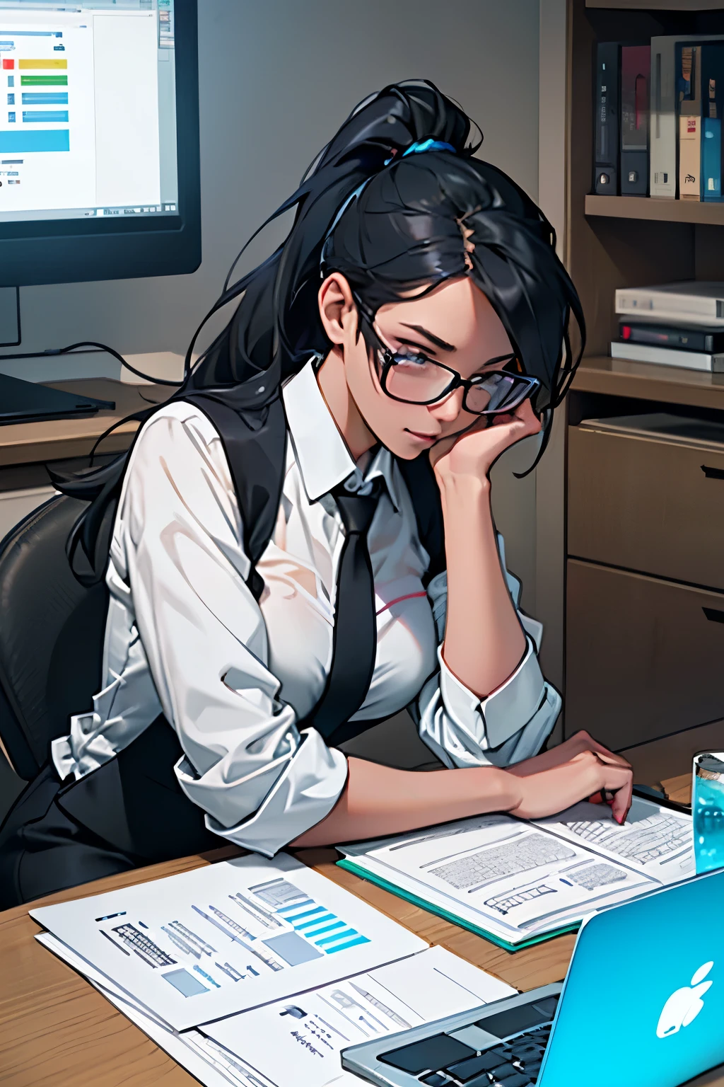 laptop: A sleek, matte-black laptop sits on a pristine white desk, its screen illuminating the room with soft blue light. The woman in suit, 29 years old with a tidy ponytail, leans over the device, her eyes squinting slightly as she reads through a document. A red pair of glasses sits on the desk beside the laptop, their frame reflecting her concentration. A pile of colorful sweets sits in the corner, hinting at her sweet tooth.

Woman in suit: A 29-year-old woman with a neat ponytail is seated at a table, her hands resting on a sleek laptop. She wears a well