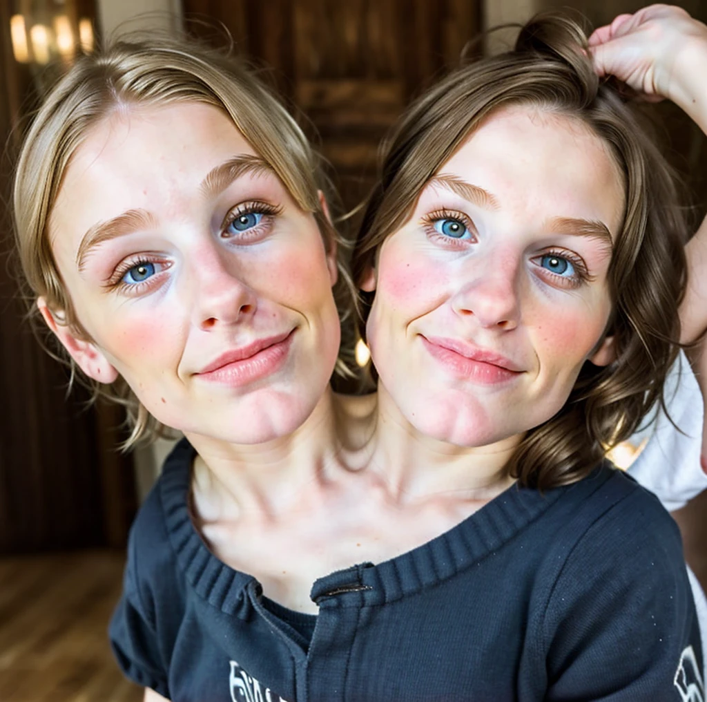 2heads, two headed girl, (one head adult:1.5), (one head young child:1.5), (uncomfortable:1.5), (blonde:1.3)