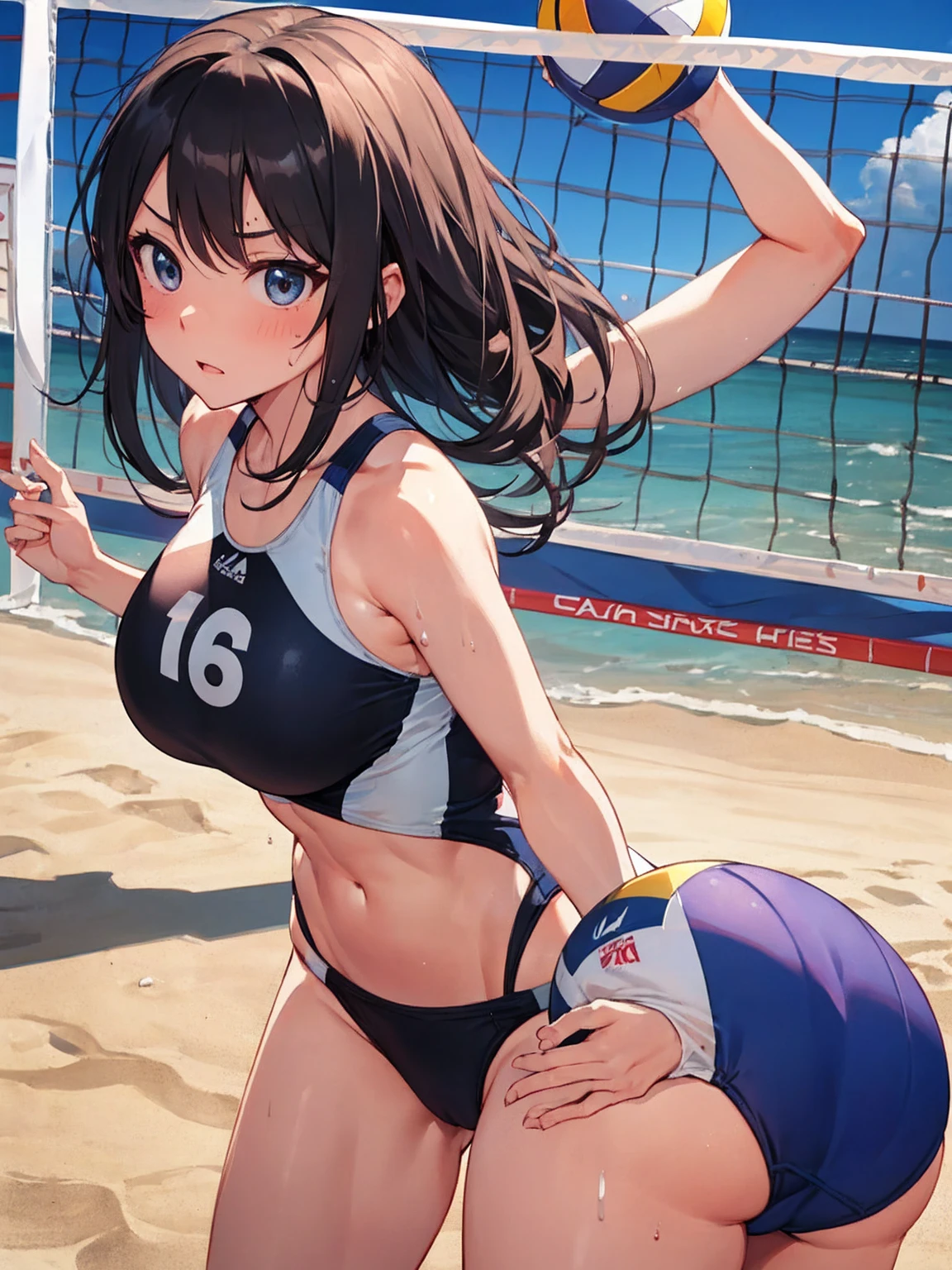 （Sweat, White skin:1.5、Aggressive Pose, ）, cameltoe, Fitness, , ((Beach volleyball swimsuit)),Big Breasts, Sturdy body、Healthy Body、((Big Eyes in Anime)), back
