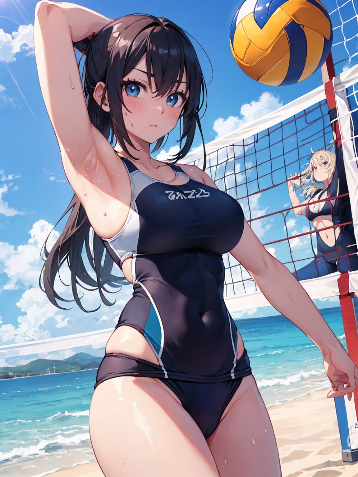 （Sweat, White skin:1.5、Aggressive Pose, ）, cameltoe, Fitness, , ((Beach volleyball swimsuit)),Big Breasts, Sturdy body、Healthy Body、((Big Eyes in Anime)), back
