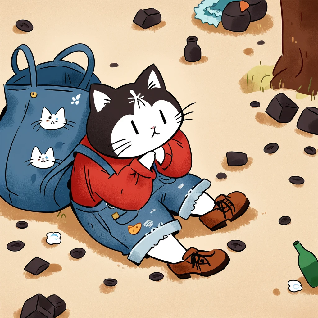 A very pitiful anthropomorphic kitten,Wearing a worn red linen shirt and denim overalls, Shabby cloth shoes, Carrying an oversized bag, Higher than oneself.,There are trash and bottles everywhere on the ground. Images should be presented in a vector illustration style, Keep the original concept,But to make it clearer, A more stylized form,Emphasizes the contrast between the innocence of the characters and the harshness of the urban environment.