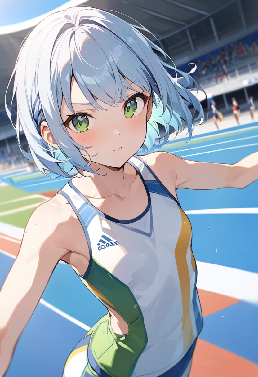 Light blue hair、Short Bob、Deep green eyes、Small breasts、Age 25、Athletics Stadium、Female track and field athlete