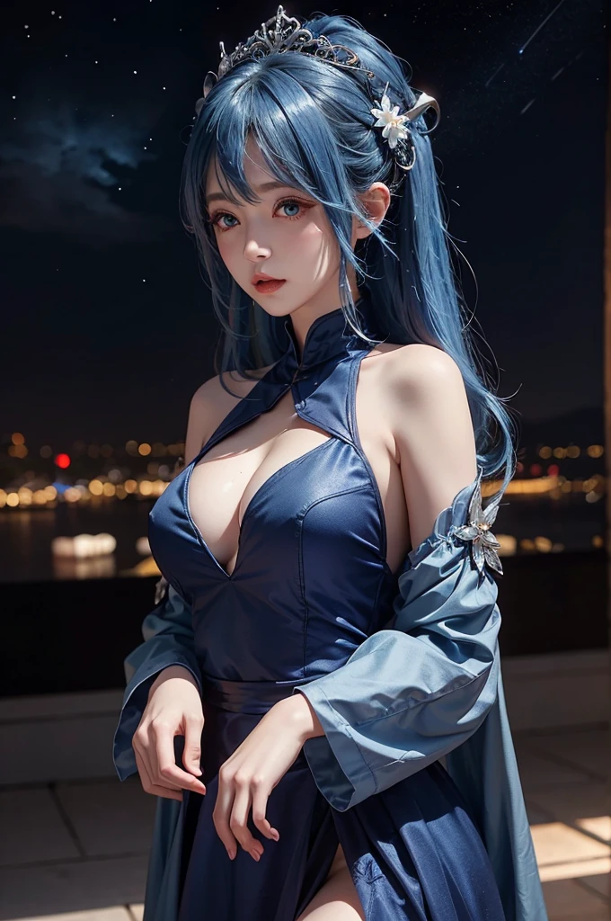 Ultra HD、A beautiful blue-haired character、Very large eyes like in an anime、Red burning cheeks、Night scene with starry sky background、Wearing a gorgeous dress、Subtle details、A fantastic atmosphere、Anime style