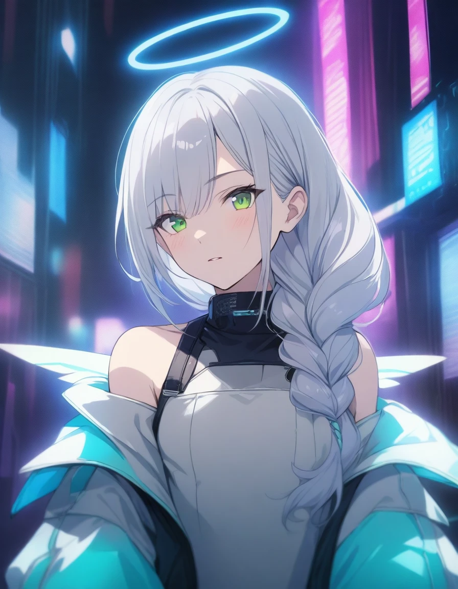 ((best quality)), ((masterpiece)), (finely detail), anime girl, game_cg, bishoujo, anime style, teenager, 1girl, white hair, long hair, big hair, single braid, ルーズサイドテール, hair over shoulder, hair tie near neck below ears, ((cyberpunk)), green eyes, head tilt, neon light, halo, artificial wings, white dress, off-shoulder dress, bare shoulders