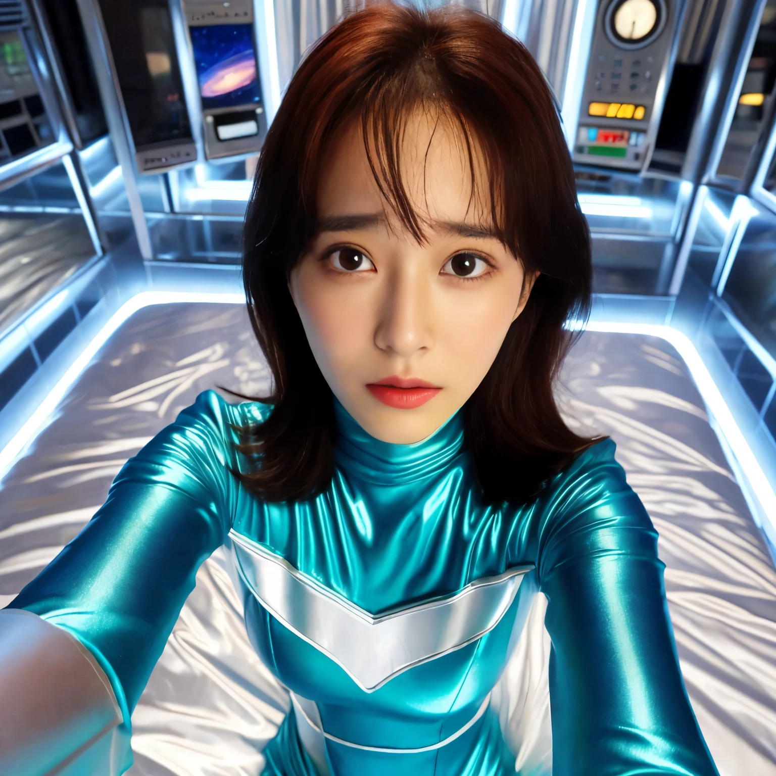 best image quality、Super high resolution、(realism:1.4)、Korean beauty star、The most beautiful KPOP star、horny face、Horny Korean makeup、erotic expression、A body that makes you want to touch it、erotic photos、((Realistic shiny satin fabric texture、High-gloss stretch satin fabric that is smooth and smooth to the touch.、The drape of the curved part of the shiny satin fabric、strong shiny costume、The smooth and beautiful quality and luster of the costumes、A shiny costume made of high-quality satin fabric with high density.、Smooth to the touch oil light liang ultra-class battleship skin coat COS、Super SentaiWomen&HeroineSuit、Texture of costumes that satin fetishists respond to、Thin, glossy stretch satin fabric)),8K photo quality
