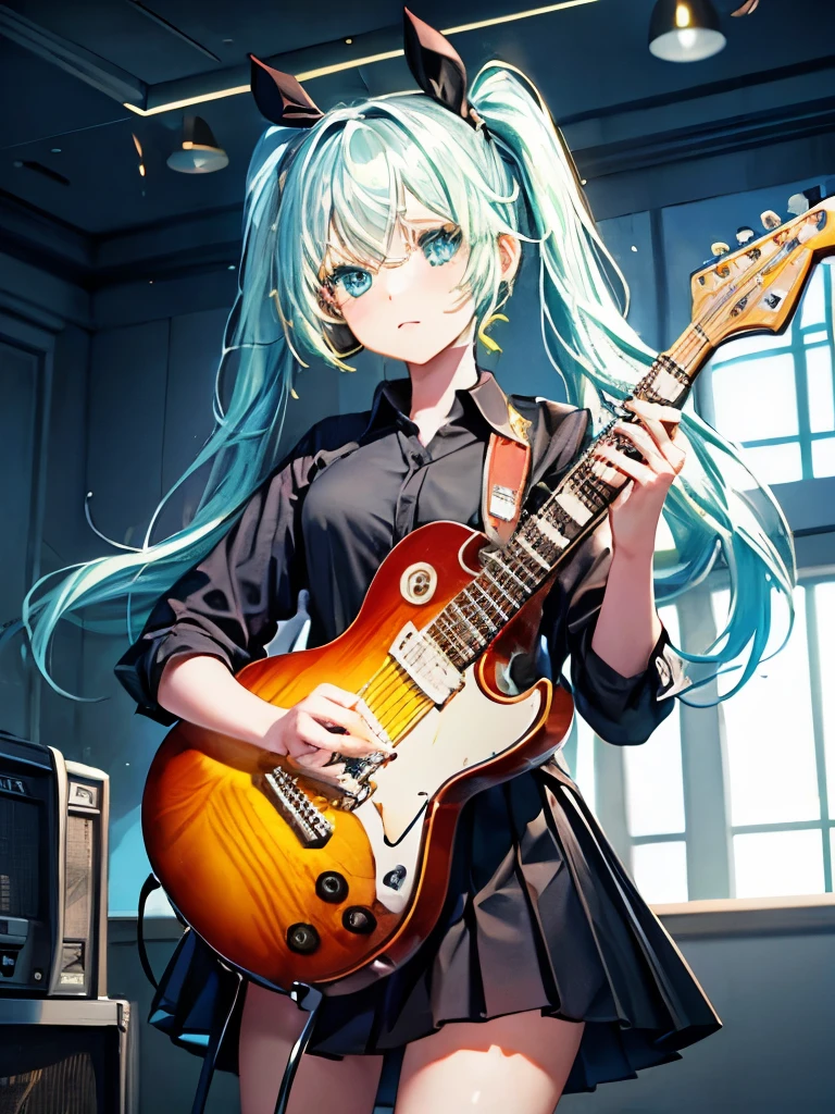 ((masterpiece, Highest quality))One girl, alone, Ultra high definition, Black Dress, blue eyes, electric guitar, guitar, Headphones, Double Ponytail, Holding, Holding plectrum, musical instrument, Long Hair, music, One side up, Turquoise Hair, Twin tails, guitarを弾く, Pleated skirt, Black Shirt, interior, Octane Rendering,