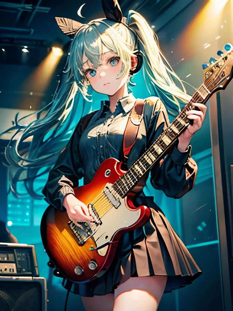 ((masterpiece, Highest quality))One girl, alone, Ultra high definition, Black Dress, blue eyes, electric guitar, guitar, Headphones, Double Ponytail, Holding, Holding plectrum, musical instrument, Long Hair, music, One side up, Turquoise Hair, Twin tails, guitarを弾く, Pleated skirt, Black Shirt, interior, Octane Rendering, 