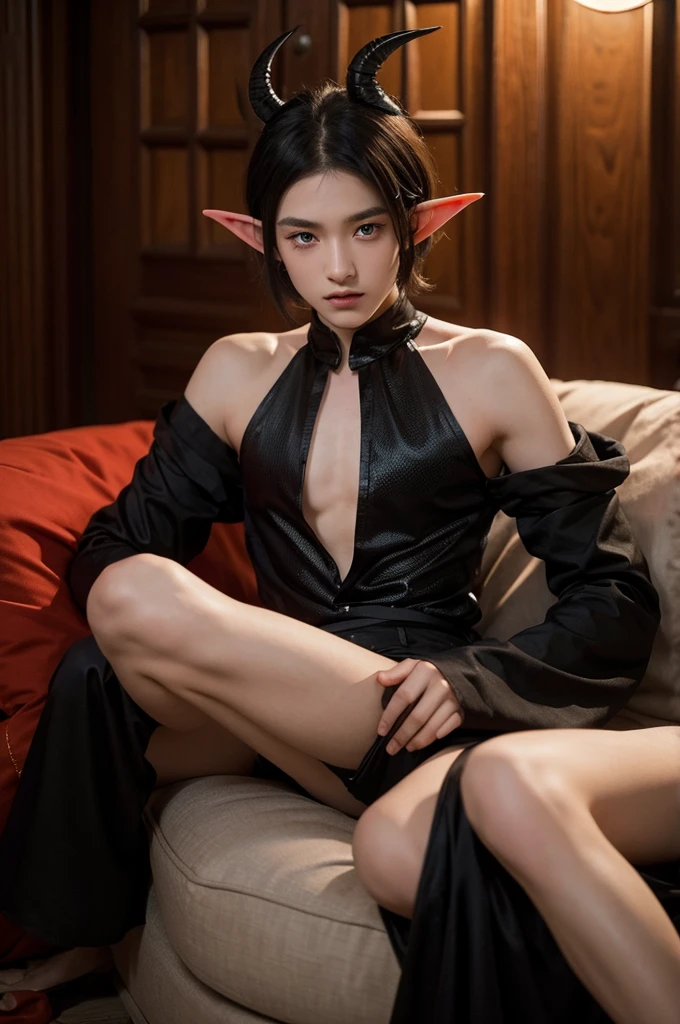 Male around 17,Black Blonde Short Hair,Reddish orange eyes,Elf ears,Black dragon horn,Dressed in divine attire