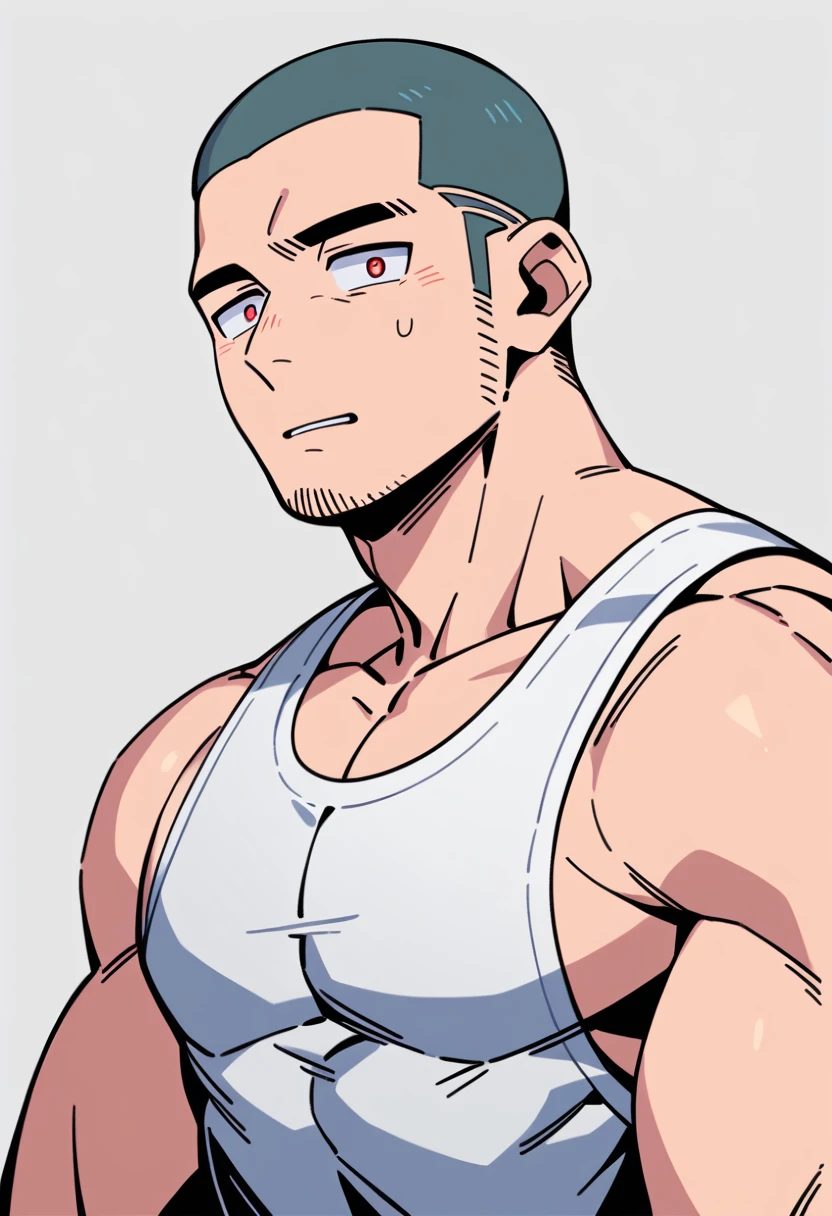 anime characters：Priapus, Muscle Sports Student, Buzz Cut, Manliness, male focus, Sports tight hooded sweatshirt, Very tight, full and perky chest muscles, muscular male, muscular, only, Upper body, alone, Black short hair, Thick eyebrows, stubble, Brown-red pupils, White background, simple background, amazing quality, best aesthetics, Ridiculous, crew cut, parted lips, flustered, endured face, negative space, best quality