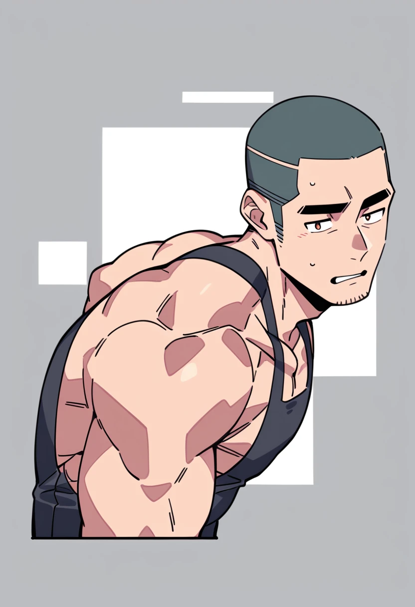 anime characters:Priapus, Muscle Sports Student, Buzz Cut, Manliness, male focus, Sports tight hooded sweatshirt, Very tight, full and perky chest muscles, muscular male, muscular, only, Upper body, alone, Black short hair, Thick eyebrows, stubble, Brown-red pupils, White background, simple background, amazing quality, best aesthetics, Ridiculous, crew cut, parted lips, flustered, endured face, negative space, best quality