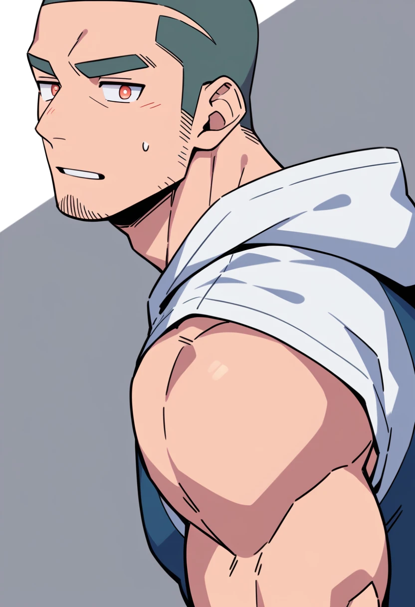 anime characters:Priapus, Muscle Sports Student, Buzz Cut, Manliness, male focus, Sports tight hooded sweatshirt, Very tight, full and perky chest muscles, muscular male, muscular, only, Upper body, alone, Black short hair, Thick eyebrows, stubble, Brown-red pupils, White background, simple background, amazing quality, best aesthetics, Ridiculous, crew cut, parted lips, flustered, endured face, negative space, best quality