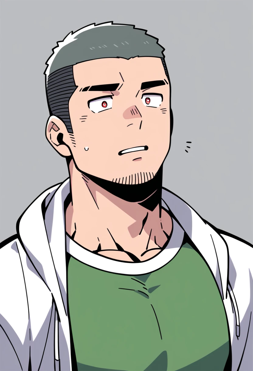 anime characters:Priapus, Muscle Sports Student, Buzz Cut, Manliness, male focus, Sports tight hooded sweatshirt, Very tight, full and perky chest muscles, muscular male, muscular, only, Upper body, alone, Black short hair, Thick eyebrows, stubble, Brown-red pupils, White background, simple background, amazing quality, best aesthetics, Ridiculous, crew cut, parted lips, flustered, endured face, negative space, best quality