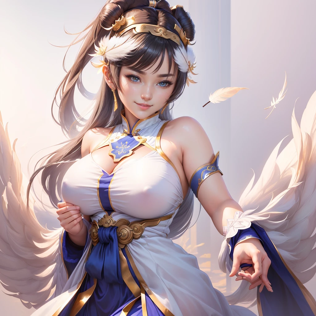 anime girl in a silver dress with a feather on her head, yun ling, portrait of chun li, portrait of chun - li, inspired by Li Mei-shu, chun li, full body xianxia, highly detailed exquisite fanart, inspired by Pu Hua, inspired by Ju Lian, yang qi, lei min, mai shiranui, chun - li, Highly detailed CG unit 8k wallpaper, masterpiece, High resolution, highest quality, highest quality real texture skin, Super Real, Digital Painting, Best image quality, 最High resolution, 8k, ((Highly detailed eyes and face, Beautiful eyes every detail)), 1girl, Full Body Shot, Saggy breasts, Gravity-dependent breasts, long chest, Heavy chest, disproportionate breasts, huge breasts, sagging breasts, gigantic breasts, erect nipple, Cleavage, smile, happy, Fun,