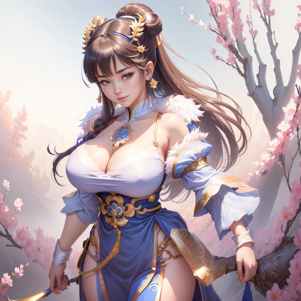 anime girl in a silver dress with a feather on her head, yun ling, portrait of chun li, portrait of chun - li, inspired by Li Mei-shu, chun li, full body xianxia, highly detailed exquisite fanart, inspired by Pu Hua, inspired by Ju Lian, yang qi, lei min, mai shiranui, chun - li, Highly detailed CG unit 8k wallpaper, masterpiece, High resolution, highest quality, highest quality real texture skin, Super Real, Digital Painting, Best image quality, 最High resolution, 8k, ((Highly detailed eyes and face, Beautiful eyes every detail)), 1girl, Full Body Shot, Saggy breasts, Gravity-dependent breasts, long chest, Heavy chest, disproportionate breasts, huge breasts, sagging breasts, gigantic breasts, erect nipple, Cleavage, smile, happy, Fun,