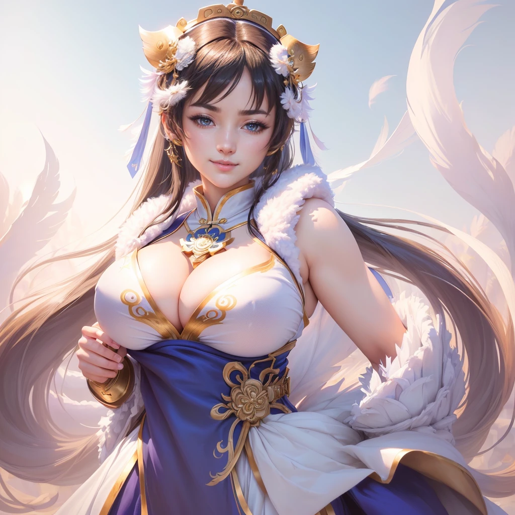 anime girl in a silver dress with a feather on her head, yun ling, portrait of chun li, portrait of chun - li, inspired by Li Mei-shu, chun li, full body xianxia, highly detailed exquisite fanart, inspired by Pu Hua, inspired by Ju Lian, yang qi, lei min, mai shiranui, chun - li, Highly detailed CG unit 8k wallpaper, masterpiece, High resolution, highest quality, highest quality real texture skin, Super Real, Digital Painting, Best image quality, 最High resolution, 8k, ((Highly detailed eyes and face, Beautiful eyes every detail)), 1girl, Full Body Shot, Saggy breasts, Gravity-dependent breasts, long chest, Heavy chest, disproportionate breasts, huge breasts, sagging breasts, gigantic breasts, erect nipple, Cleavage, smile, happy, Fun,