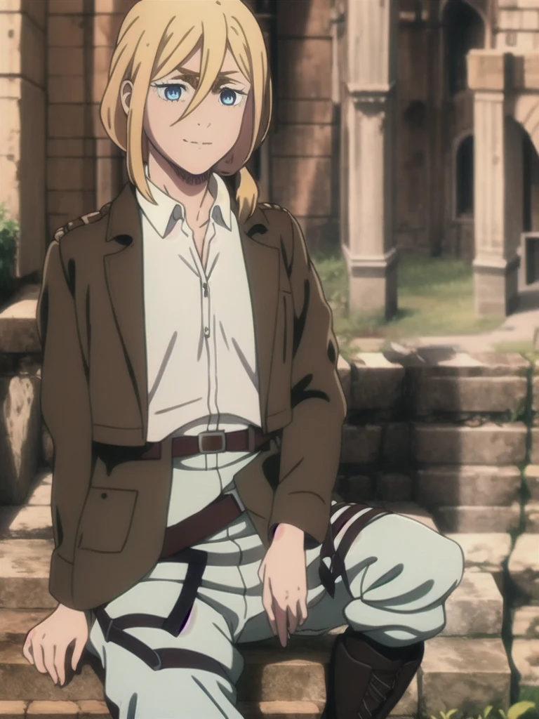 masterpiece, Highest quality, High resolution, Castle ruins, Day, sunny, Serious expression, One girl, alone, View your viewers, smile, Sit on the ground, history, Krista Lentz, Blonde, blue eyes, Hair between the eyes, short hair, ponytail, Official Art, Jacket, brown Jacket, Symbolism, belt, Thigh straps, pants, white pants, boots, shirt, white shirt, collared shirt