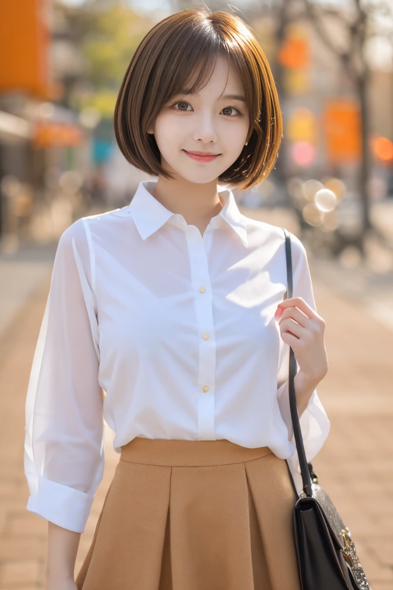 A cute anime-style girl is standing. She has short brown hair and large brown eyes, and is wearing a white blouse paired with an orange skirt. The background is simple, emphasizing her bright and cheerful expression,