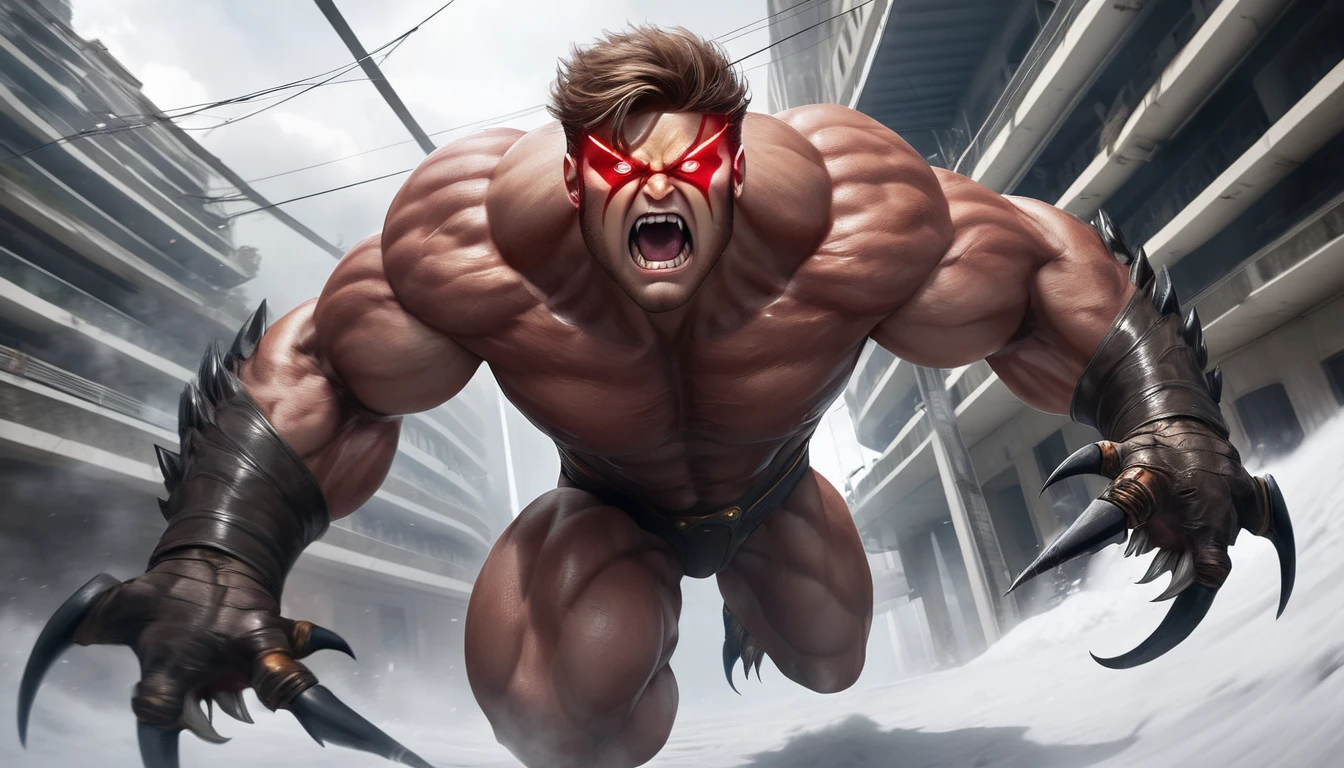 Realistic photos, RAW Photos, Cyclops, attacks viewer, Powerful movements, jump on prey, ((Dynamic jump)), Sharp Claws, Cyclops approaching from above, sudden approach, Bad-tempered, dynamic Shot from grand