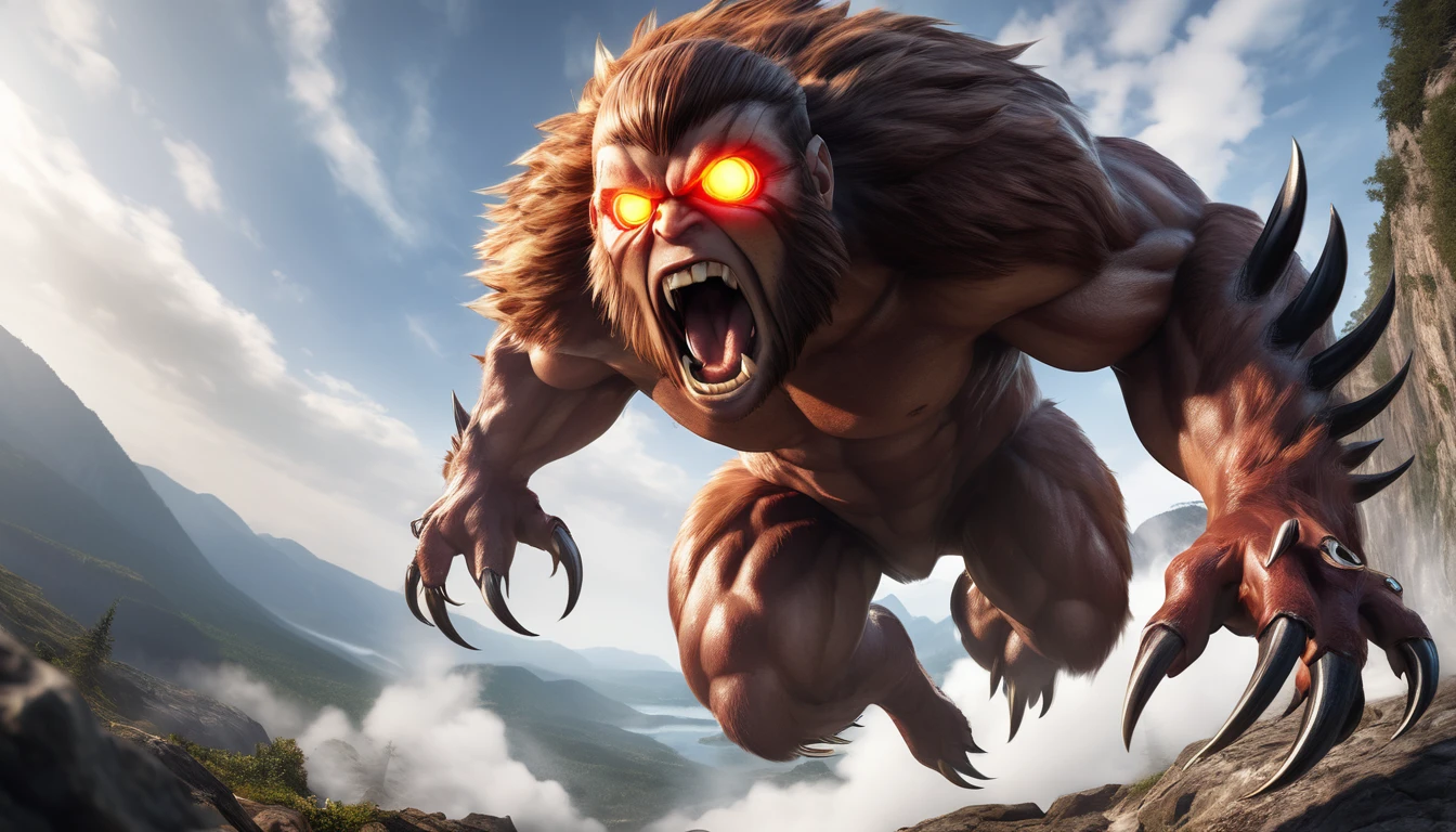 Realistic photos, RAW Photos, Cyclops, attacks viewer, Powerful movements, jump on prey, ((Dynamic jump)), Sharp Claws, Cyclops approaching from above, sudden approach, Bad-tempered, dynamic Shot from grand