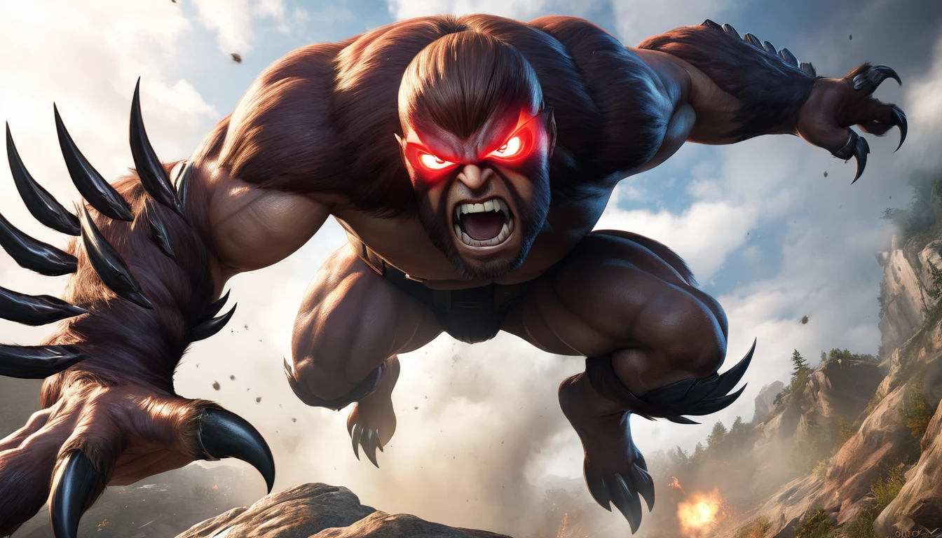 Realistic photos, RAW Photos, Cyclops, attacks viewer, Powerful movements, jump on prey, ((Dynamic jump)), Sharp Claws, Cyclops approaching from above, sudden approach, Bad-tempered, dynamic Shot from grand