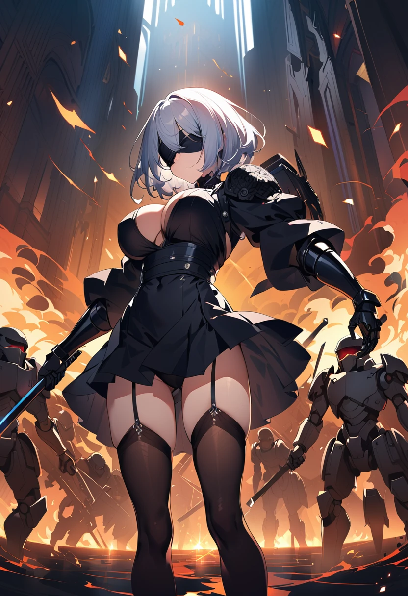 2B Nier Automata,masterpiece, 最high quality, High resolution,  Black clothes 、Black Pantyhose、Dark church at night、Wear a miniskirt、Thin legs、Big Breasts、Slim figure、high quality　CG Tone、Gray Hair、Black blindfold、Short Bob、Surrounded by mechanical soldiers、Cutting a mechanical soldier with a sword、stylish、Japanese sword、Clothes get torn、Damage、Being attacked