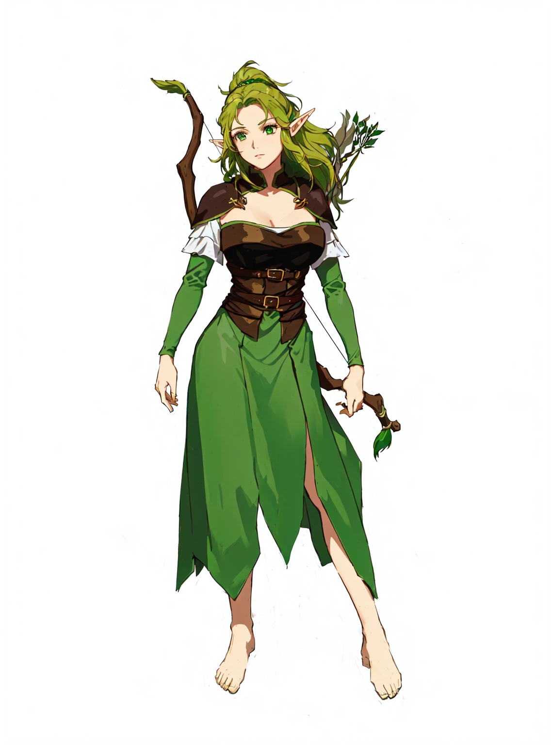 a cartoon image of a woman dressed in green holding a bow and arrow, female forest archer, female elfling, female elf, elf girl, (((mad))) elf princess, wood elf, fantasy d&d character, elf queen nissa genesis mage, elf princess, elf princess knight, fey, alluring elf princess knight, female earth mage