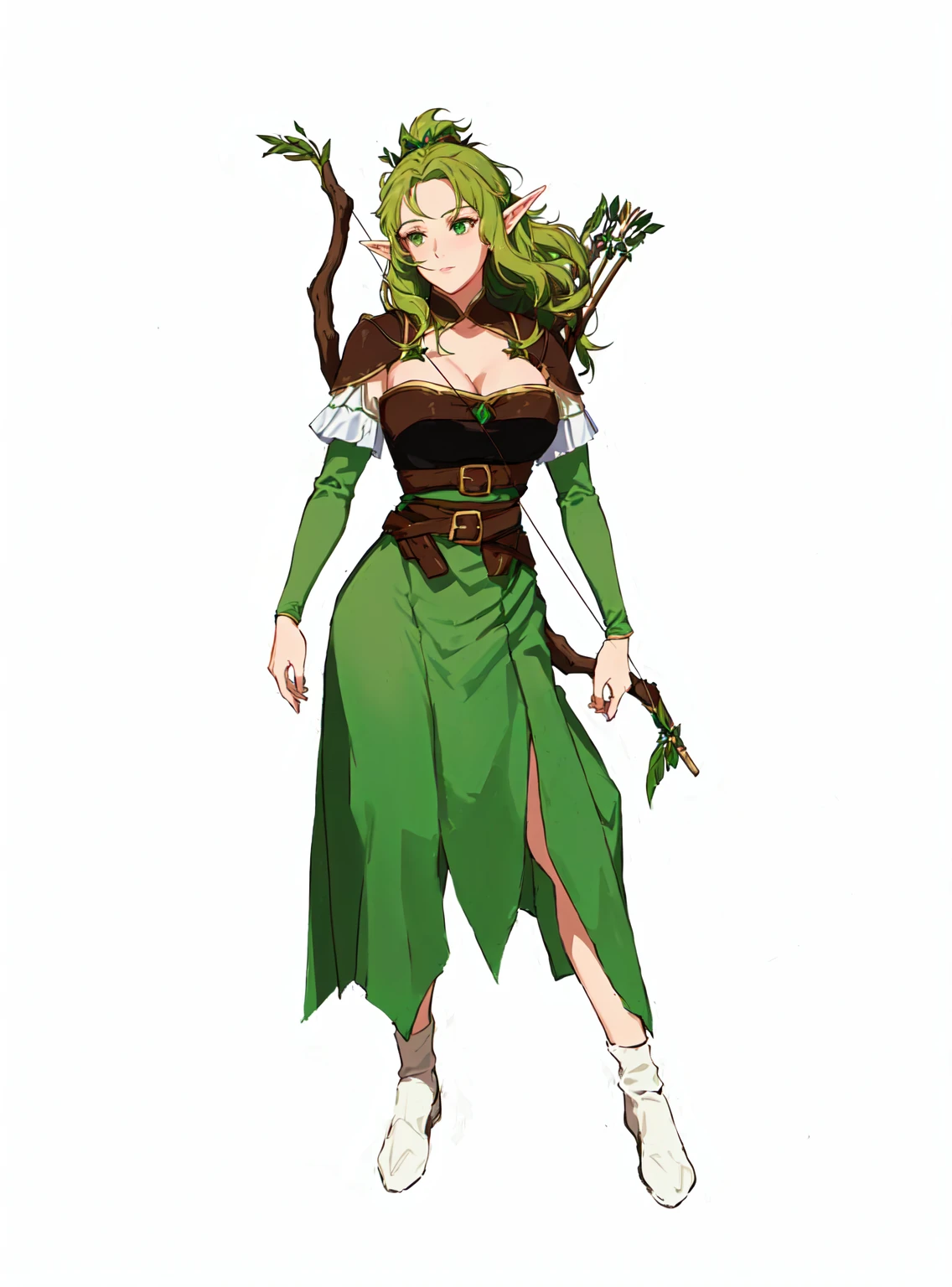 a cartoon image of a woman dressed in green holding a bow and arrow, female forest archer, female elfling, female elf, elf girl, (((mad))) elf princess, wood elf, fantasy d&d character, elf queen nissa genesis mage, elf princess, elf princess knight, fey, alluring elf princess knight, female earth mage