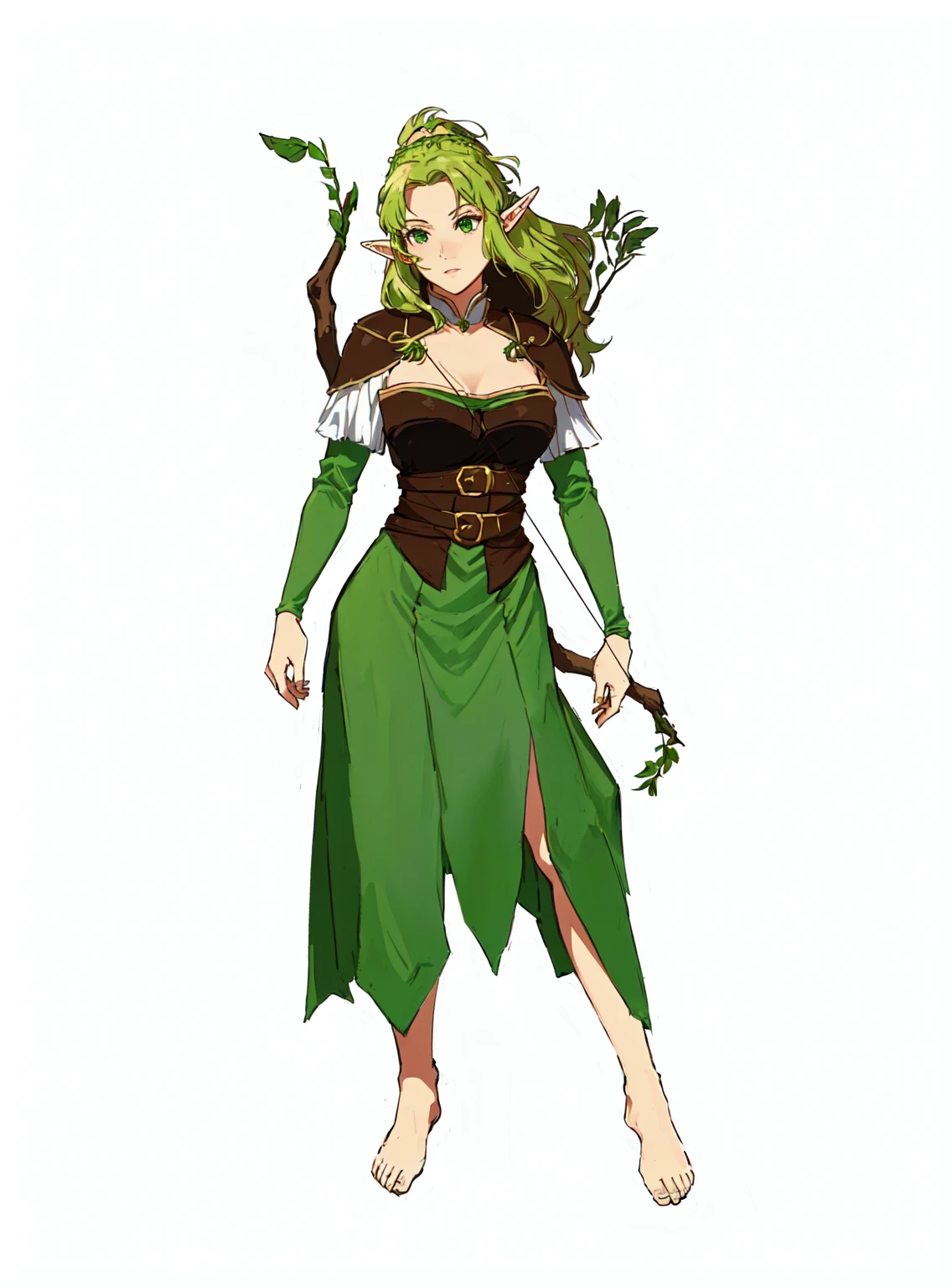 a cartoon image of a woman dressed in green holding a bow and arrow, female forest archer, female elfling, female elf, elf girl, (((mad))) elf princess, wood elf, fantasy d&d character, elf queen nissa genesis mage, elf princess, elf princess knight, fey, alluring elf princess knight, female earth mage