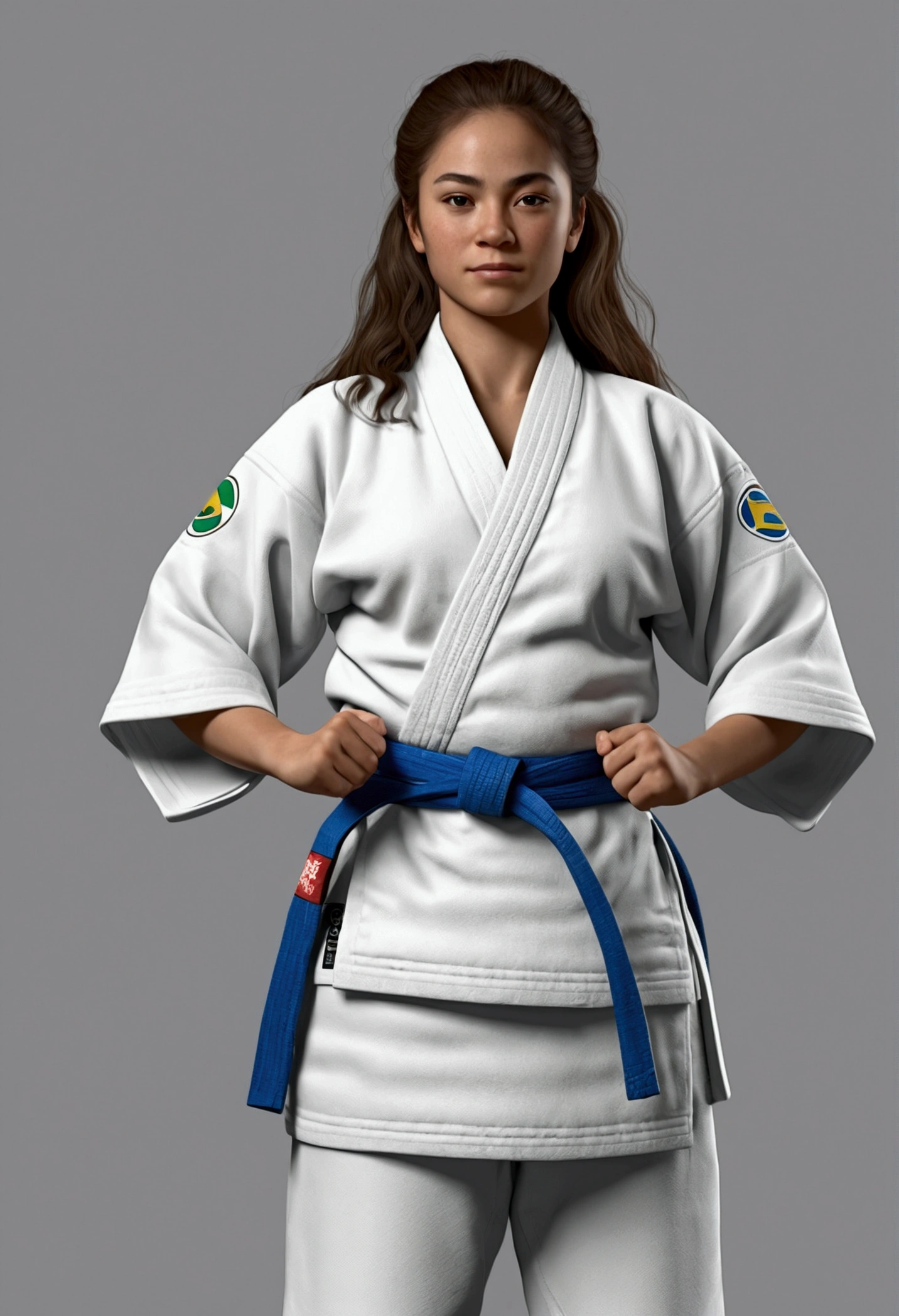 woman with kimono of brazilian jiu-jitsu and white belt, with parallel arms, woman in a standing position, soft and friendly face Children's studies, 8k, hyper realistic, detailed.