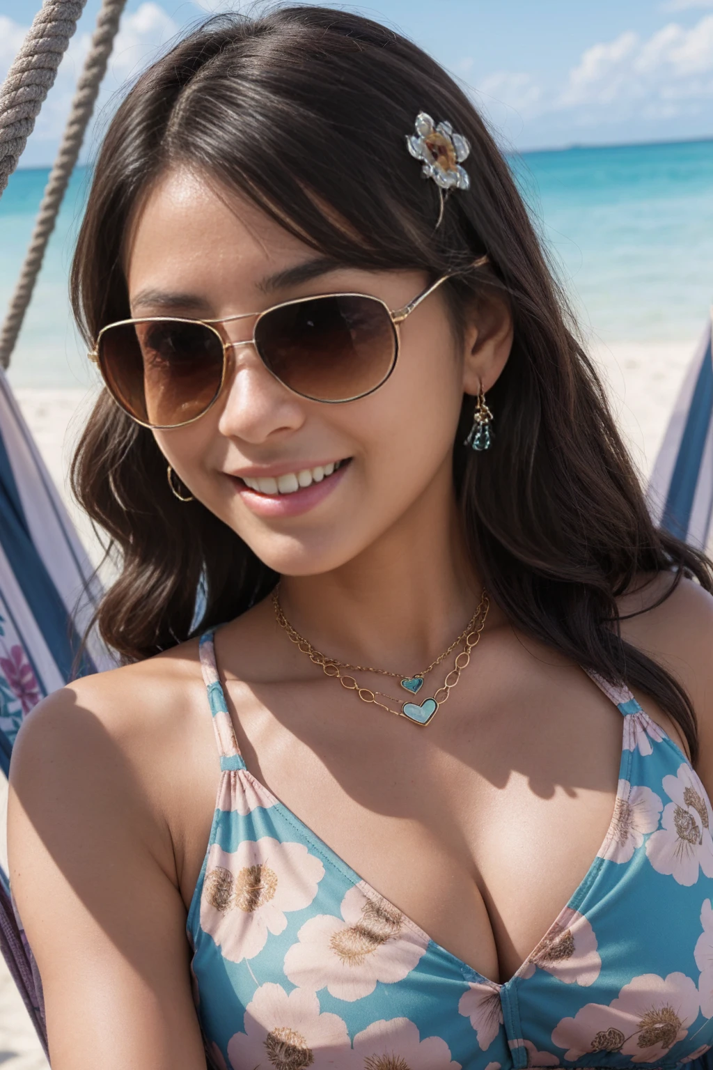Half-length glamour portrait, nikon D850, f1.6 lens, 200mm, DSLR, 22 Megapixels, (((Relaxing in a hammock on a secluded beach scene))), shot of a stunning 19 years old korean girl, (smile:1.4), (wearing Floral romper with oversized sunglasses:1.6), ((seductive pose)), hot girl, (((big natural breasts))), (((black fringe hair))), (small girl), symmetrical face, photorealistic, photography, (bright natural lighting), gorgeous, deep cleavage, (masterpiece), best quality, high resolution, extremely detailed, cinematic lighting, (((very narrow waist))), rich colors, hyper realistic, lifelike texture, ((jewelry)), (((She has beautiful hands and wears rings))), (bracelet), (necklace), (ankle chain), (nail polish) (earrings), Fuji Superia 200, 8k
