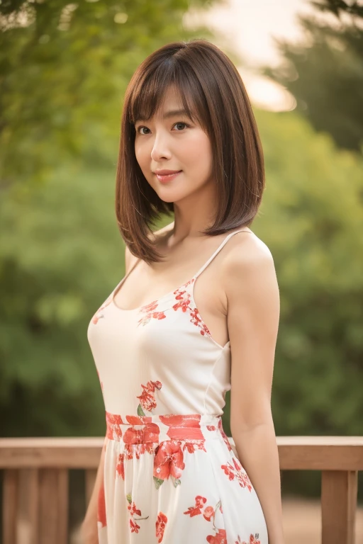 highest quality, masterpiece, High resolution, Realistic, RAW Photos, 8k wallpaper, perfection, Professional Lighting, Very detailed, Depth of written boundary, ((One beautiful woman nude)), 40 years old, (Sexy Woman), ((white and red floral dress)), Upper body shot above the waist, Standing straight with good posture, ((Looking at the camera)), Detailed face and skin texture, Detailed eyes, at the park, bangs, Shapely breasts, Light brown straight hair, Medium length straight hair that falls to the shoulders, Faint lips