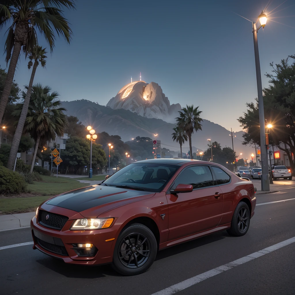 Monolithic Studios Hollywood. NFS II SE.

Та самая трасса автострада Monolithic Studios Hollywood из Need For Speed II SE. Summer route.  dark red FZR2000 car on the track.  headlights on. to the right of the route is a wooden statue of a tyrannosaurus a, and on the left there is a green hill with the inscription "HOLLYWOOD". A UFO with lights flies in the sky. Illuminated roadsides and road markings. realistically, high detail, multi-layering,professional photo,hdr+. night, lanterns.