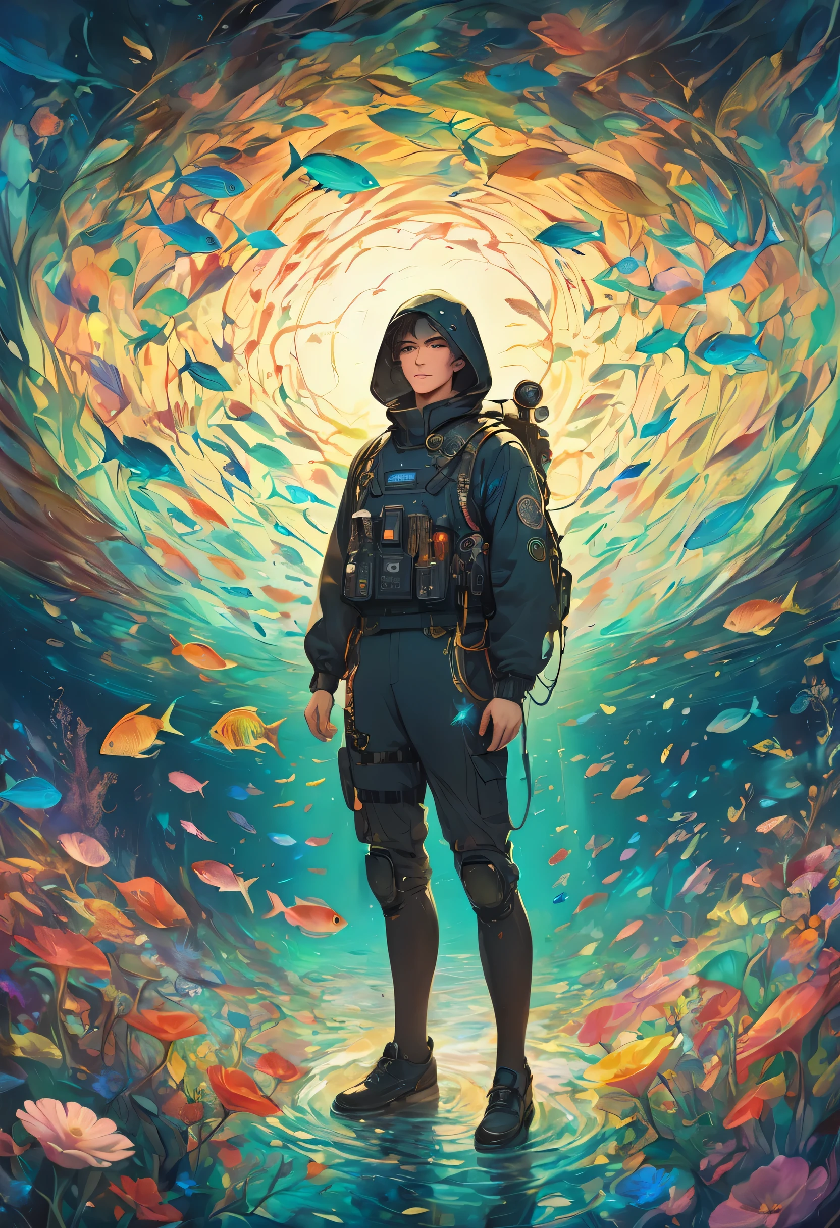 (superwide shot:1.4), Abstract steampunk deep sea, (Flower Art:1.2), Deep Sea Paintings、Darkness of the Deep Sea、formal、masterpiece、Silent Deep Sea、A small figure of a man wearing a black diving suit is depicted.、A school of small colorful fish is on the right、The beauty of margin、margin、Faint Light Art Station Trends、Jothan Gonzalez and Rop、James Jean、Victon Gai、David Rabun、Mike Mignola、Laurie Lee、Detailing、The highest masterpiece、Ultra high definition、Top Quality、Millefiori glass style、spirit of the wind、