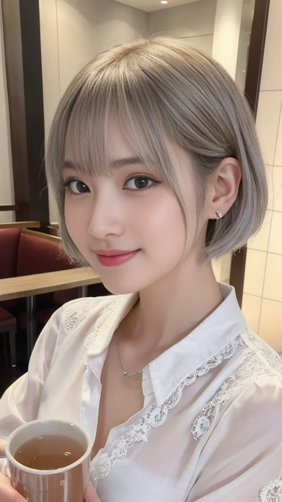 (1 young ultra Cute japanese girl,short silver hair,porcelain white skin,slender figure,lacy shirt,sitting in Italian cafe,drinking black tea,beautiful detailed eyes,long eyelashes,charming dropped eyes,lovely smiling lips,extremely detailed face without makeup:2.0),best quality,4k,8k,highres,masterpiece,ultra-detailed,realistic,photorealistic,photo-realistic,HDR,UHD,studio lighting,ultra-fine painting,sharp focus,physically-based rendering,extreme detail description,professional,vivid colors,bokeh,portraits,soft pastel colors,natural lighting,cinematic composition