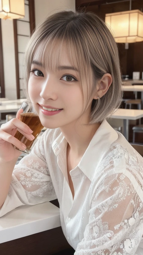 (ung ultra Cute japanese girl,short silver hair,porcelain white skin,slender figure,lacy shirt,sitting in Italian cafe,drinking black tea,beautiful detailed eyes,long eyelashes,charming dropped eyes,lovely smiling lips,extremely detailed face without makeup:2.0),best quality,4k,8k,highres,masterpiece,ultra-detailed,realistic,photorealistic,photo-realistic,HDR,UHD,studio lighting,ultra-fine painting,sharp focus,physically-based rendering,extreme detail description,professional,vivid colors,bokeh,portraits,soft pastel colors,natural lighting,cinematic composition
