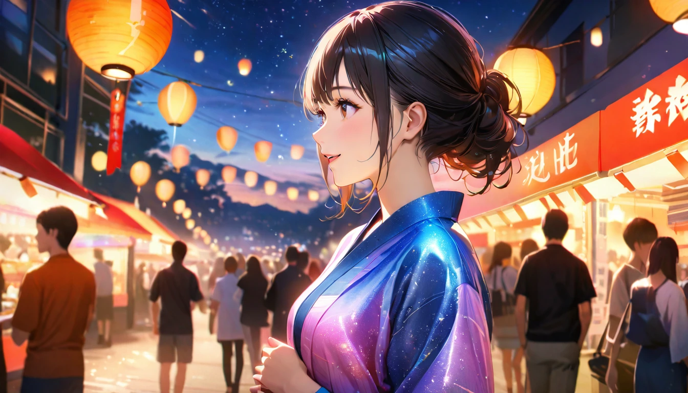 Young woman enjoying the summer festival,night, Starry Sky,yukata,Gazing at the sky,high school girl,smile,Glitter effect,Highest quality, 8k, High resolution, masterpiece:1.2, Very detailed, Realistic:1.37, High resolution, 超High resolution, Ultra-fine painting, Very detailed, Professional, Vibrant colors
