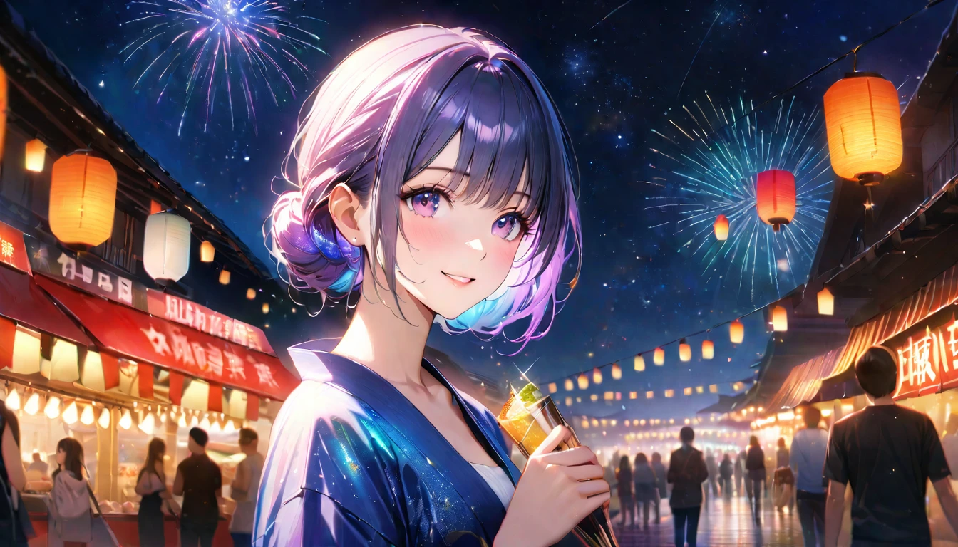 Young woman enjoying the summer festival,night, Starry Sky,yukata,Gazing at the sky,high school girl,smile,Glitter effect,Highest quality, 8k, High resolution, masterpiece:1.2, Very detailed, Realistic:1.37, High resolution, 超High resolution, Ultra-fine painting, Very detailed, Professional, Vibrant colors