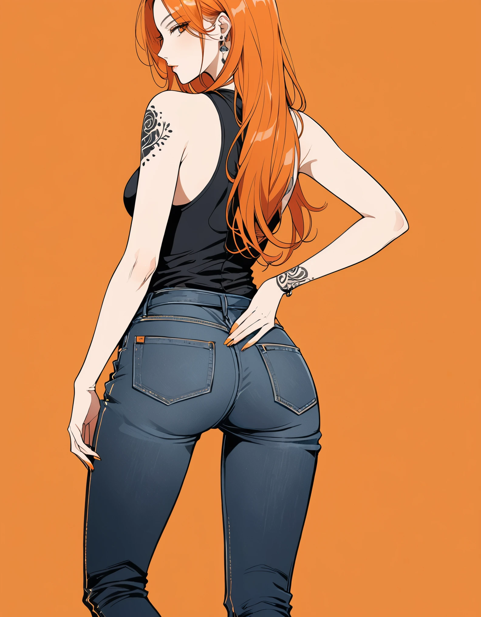 in style of Santiago Caruso，in style of Kilian Eng,Minimalist Lines and Shapes，(Tattoo Designs:1.5),(tattoo:1.8）closeup,1girl,独奏，Orange background，Plaid sleeveless bodysuit T-shirt，Beautiful butt curves，jeans，Lean forward，Standing，1 hand supports the leg，The other hand is behind his back，looking at viewer，Long orange hair，Simple style，