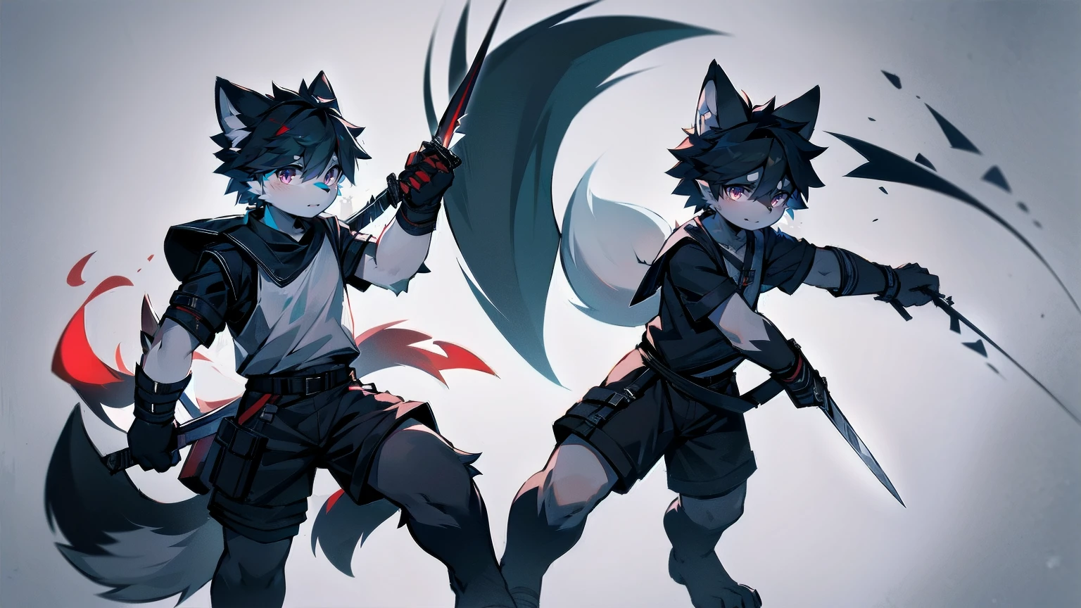 White Wolf,black hair,Red eyes,Wolf ears,Wolf Tail,juvenile,male,hairy,Hair,Half body armor,Combat uniform,Silver and black clothing,Handsome,Handsome,shorts,The forearm is exposed,leg,Fighting Stance,Duel,Two people,Anxious,Armed with a sword,Simple background,Swords
