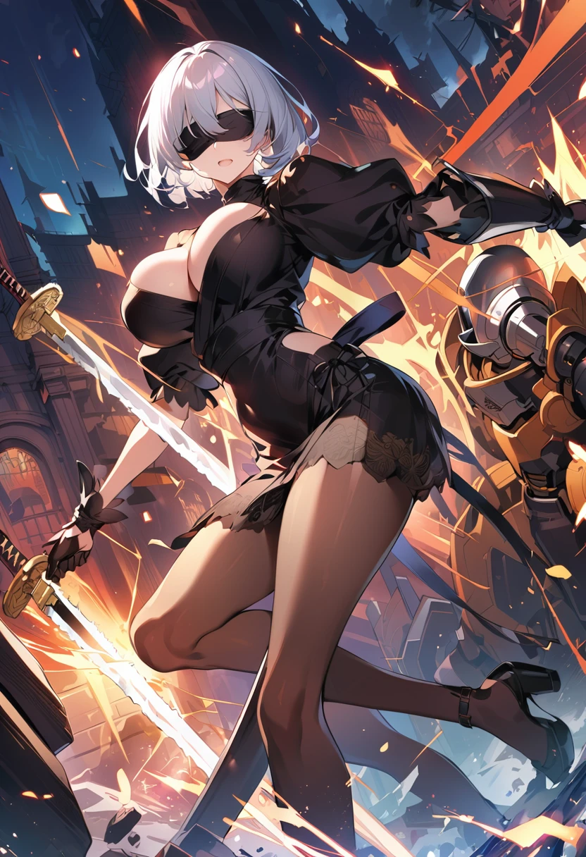 2B Nier Automata,masterpiece, 最high quality, High resolution,  Black clothes 、Black Pantyhose、Dark church at night、Wear a miniskirt、Thin legs、Big Breasts、Slim figure、high quality　CG Tone、Gray Hair、Black blindfold、Short Bob、Surrounded by mechanical soldiers、Cutting a mechanical soldier with a sword、stylish、Japanese sword、Clothes get torn、Damage、Being attacked