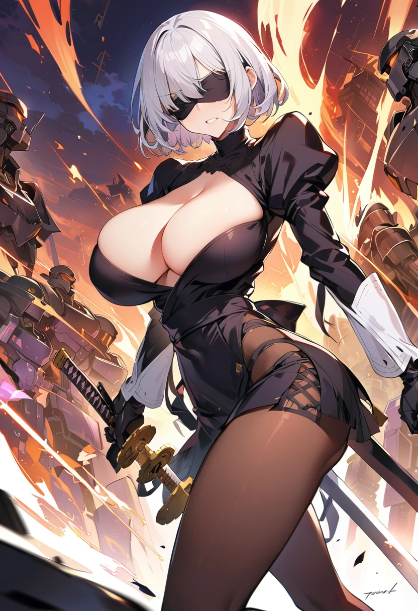 2B Nier Automata,masterpiece, 最high quality, High resolution, Black clothes 、Black Pantyhose、Dark church at night、Wear a miniskirt、Thin legs、Big Breasts、Slim figure、high quality CG Tone、Gray Hair、Black blindfold、Short Bob、Surrounded by mechanical soldiers、Cutting a mechanical soldier with a sword、stylish、Japanese sword、Clothes get torn、Damage、Being attacked