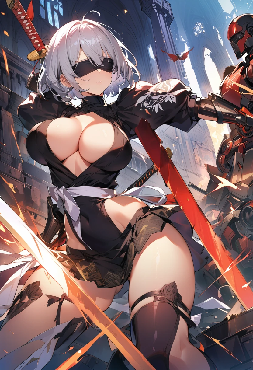 2B Nier Automata,masterpiece, 最high quality, High resolution,  Black clothes 、Black Pantyhose、Dark church at night、Wear a miniskirt、Thin legs、Big Breasts、Slim figure、high quality　CG Tone、Gray Hair、Black blindfold、Short Bob、Surrounded by mechanical soldiers、Cutting a mechanical soldier with a sword、stylish、Japanese sword、Clothes get torn、Damage、Being attacked