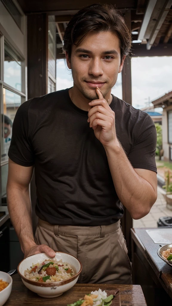 Very handsome man, 29yo, dark brown hair, Wear, Consultation, eating rice and chicken, long distance shot, Wearing, smirk, realphoto