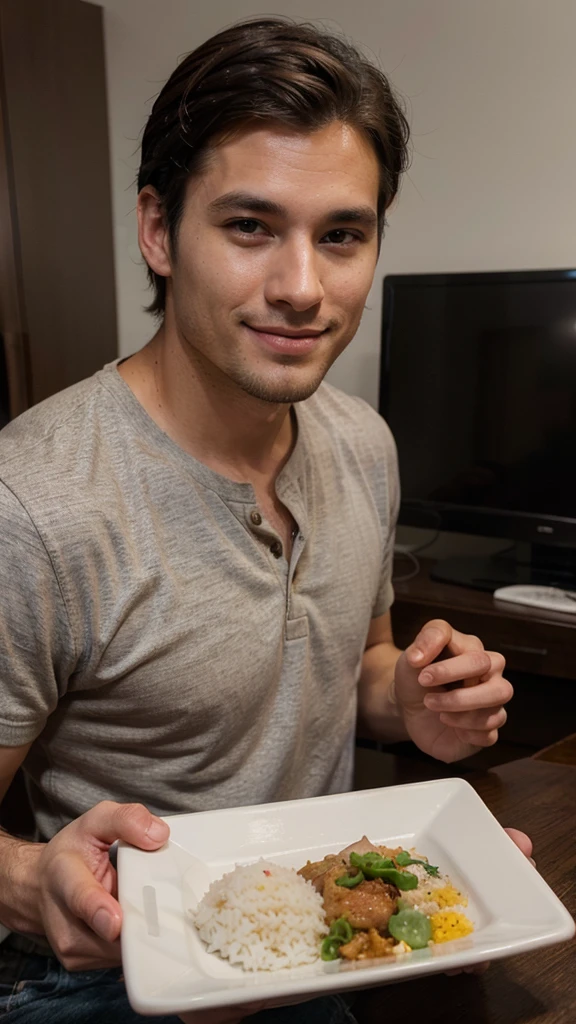 Very handsome man, 29yo, dark brown hair, Wear, Consultation, eating rice and chicken, long distance shot, Wearing, smirk, realphoto