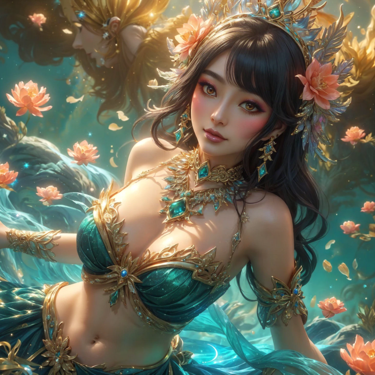 woman , Beautiful makeup , , pink mouth ,Dressed in gold, standing in front of a crescent moon., goddess of heaven, goddess of the moon, anime goddess, beautiful heavenly mage, lunar goddess, Moon Goddess, Golden Lotus Princess, Goddess of the Galaxy, Beautiful Fantasy Empress, ((Beautiful Fantasy Empress)), Goddess and Moon, As the sun goddess,, Goddess of space and time , Branded stockings for sale in black and gold , Fine gold jewelry