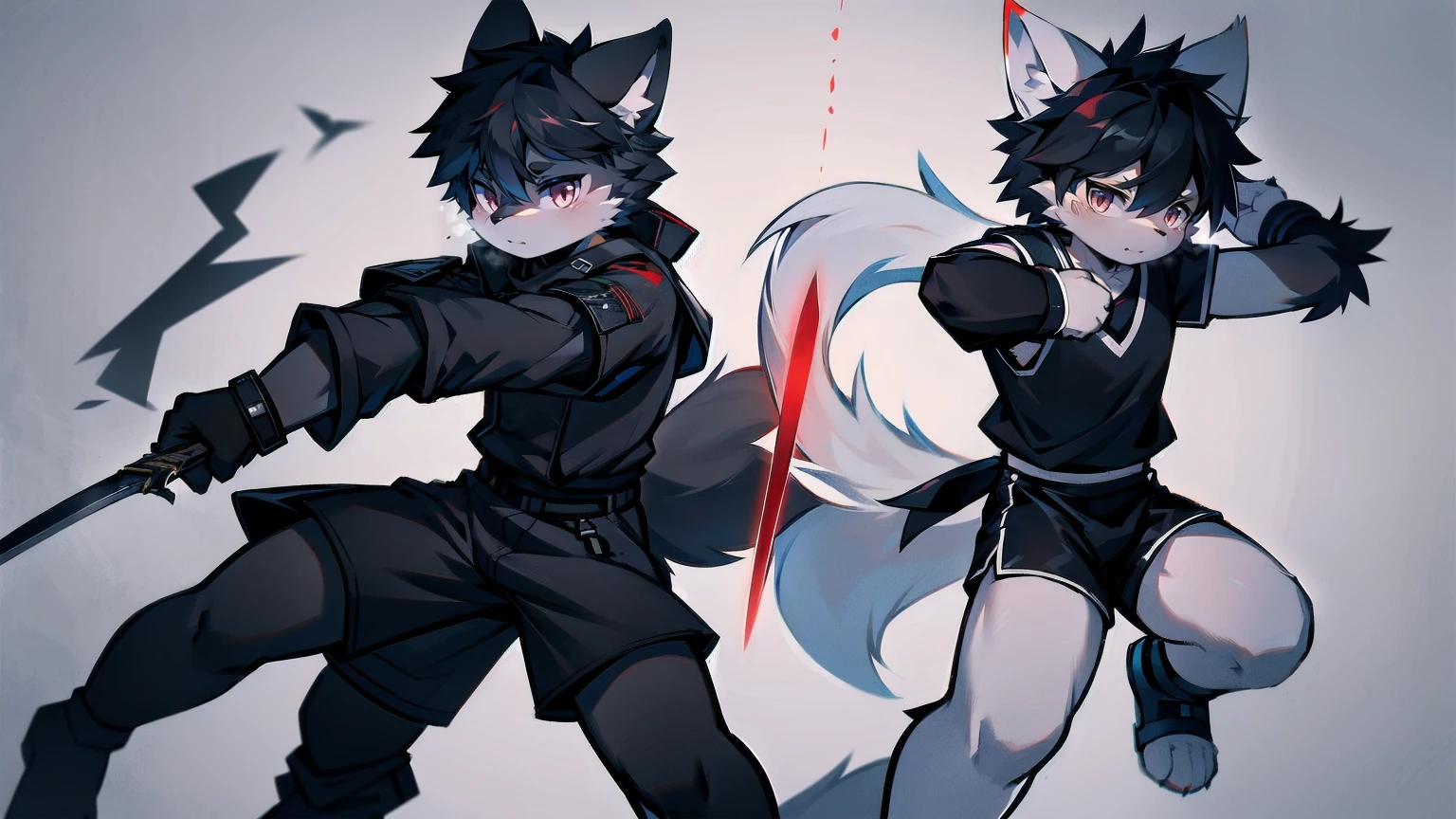 White Wolf,black hair,Red eyes,Wolf ears,Wolf Tail,juvenile,male,hairy,Hair,Half body armor,Combat uniform,Silver and black clothing,Handsome,Handsome,shorts,The forearm is exposed,leg,Fighting Stance,Duel,Two people,Anxious,Armed with a sword,Simple background,Swords